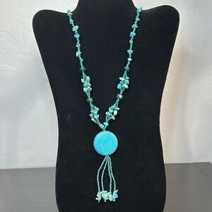 Teal Crystal & Dyed Howlite Stone Tassel Pendant Vintage Necklace